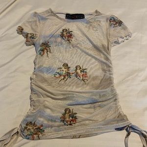 Polly & Esther Sheer Crop Sleeves Top with Cherub print